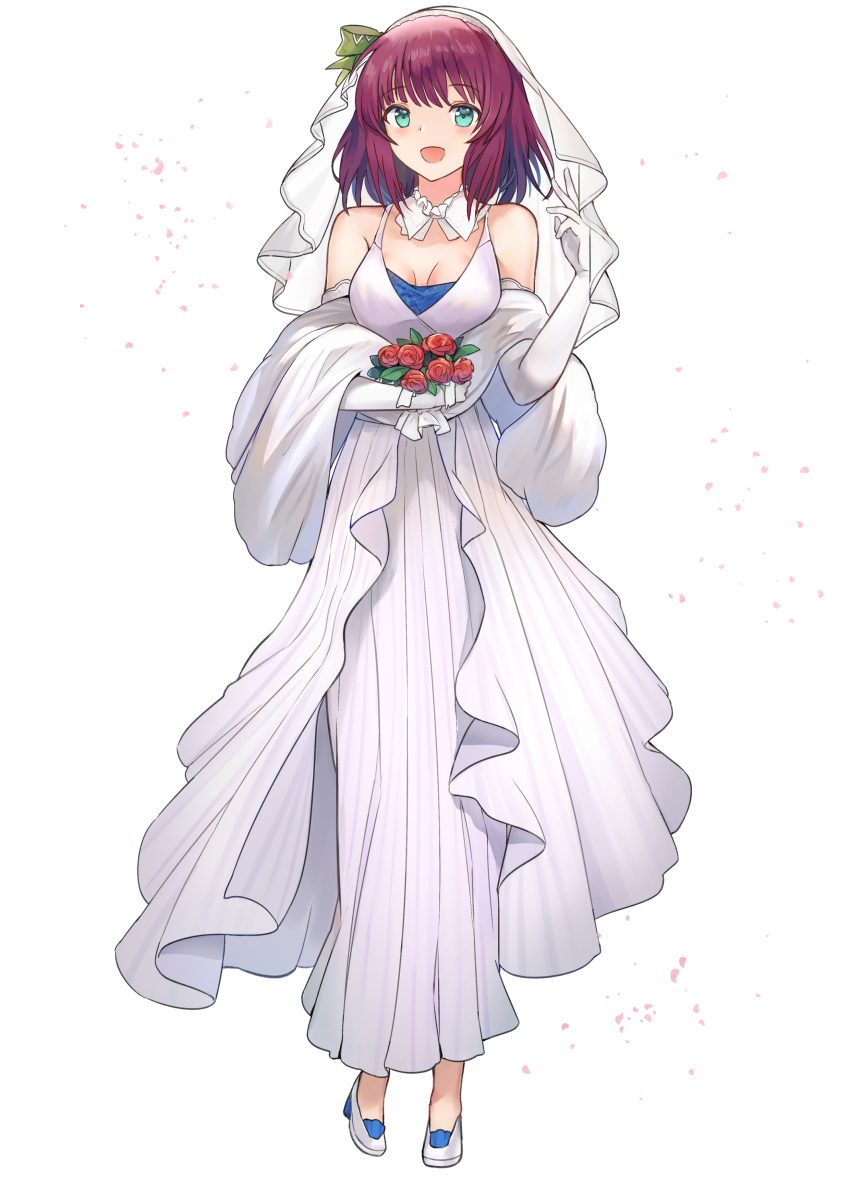 1girl :d absurdres alternate_costume angel_beats! aqua_eyes bangs bouquet bow breasts bridal_veil choker cleavage dress elbow_gloves eyebrows_visible_through_hair flower full_body gloves green_bow hair_bow highres holding holding_bouquet long_dress looking_at_viewer medium_breasts medium_hair open_mouth pleated_dress pumps purple_hair red_flower shiny shiny_hair sleeveless sleeveless_dress smile solo sss_(artist) standing transparent_background veil wedding_dress white_dress white_footwear white_gloves yuri_(angel_beats!)