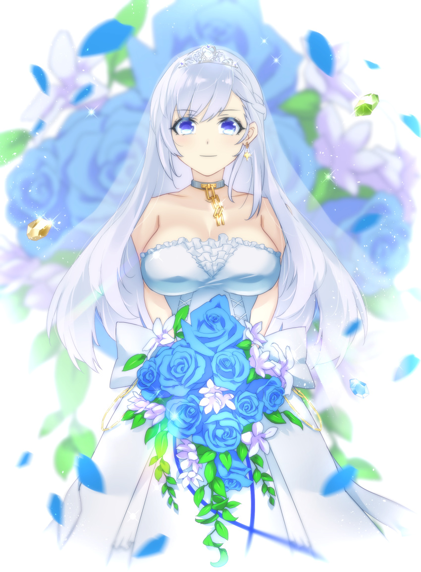 1girl absurdres azur_lane bare_shoulders belfast_(azur_lane) belfast_(claddagh_ring's_vow)_(azur_lane) blue_eyes blue_flower blue_rose bouquet braid breasts bridal_veil bride chain cleavage collarbone commentary_request dress earrings flower french_braid gold_chain highres holding holding_bouquet jewelry large_breasts long_hair mogu_(kuromezennkainopokke) rose silver_collar silver_hair solo strapless strapless_dress tiara veil wedding_dress white_dress
