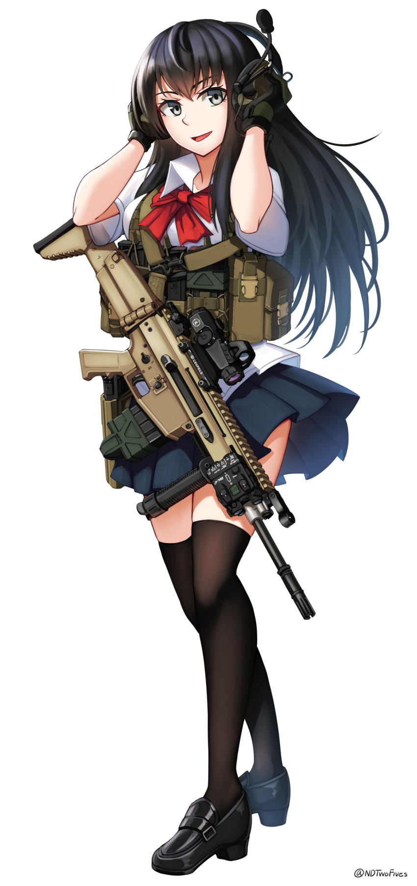 1girl :d absurdres assault_rifle bangs black_footwear black_gloves black_hair black_legwear blue_skirt bow breasts collared_shirt commentary_request ear_protection eyebrows_visible_through_hair five-seven_(gun) fn_scar full_body gloves grey_eyes gun hair_between_eyes handgun hands_up headset high_heels highres loafers long_hair looking_at_viewer medium_breasts ndtwofives open_mouth original pistol pleated_skirt red_bow rifle school_uniform shirt shoes short_sleeves simple_background skirt smile solo standing thighhighs twitter_username very_long_hair weapon white_background white_shirt