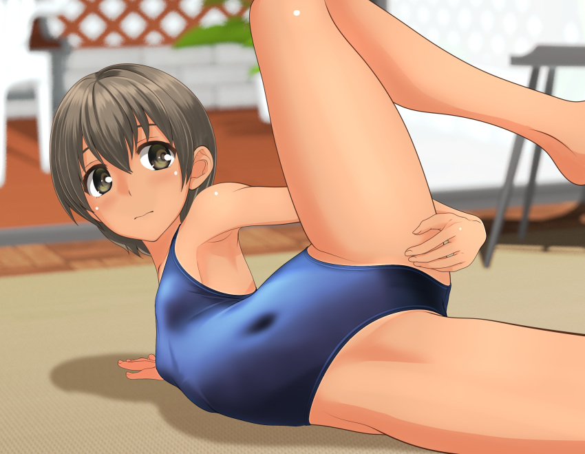 1girl blue_swimsuit blurry brown_eyes brown_hair chair commentary_request competition_swimsuit contortion covered_navel depth_of_field flat_chest flexible highres leg_up lying on_side one-piece_swimsuit original short_hair solo spread_legs swimsuit takafumi tan tanline