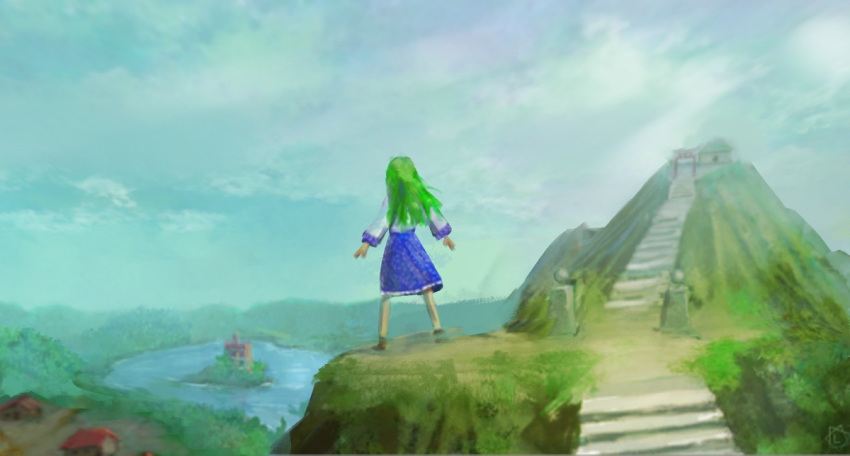 green_hair japanese_clothes kochiya_sanae lake limfoman miko scarlet_devil_mansion scenery self_upload shrine speedpaint stairs touhou