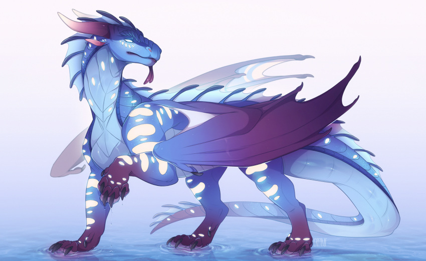 2020 ambiguous_gender blue_body blue_scales claws digital_media_(artwork) dragon feral greame hi_res horn membrane_(anatomy) membranous_wings scales scalie seawing_(wof) solo spines standing stanidng western_dragon wings wings_of_fire