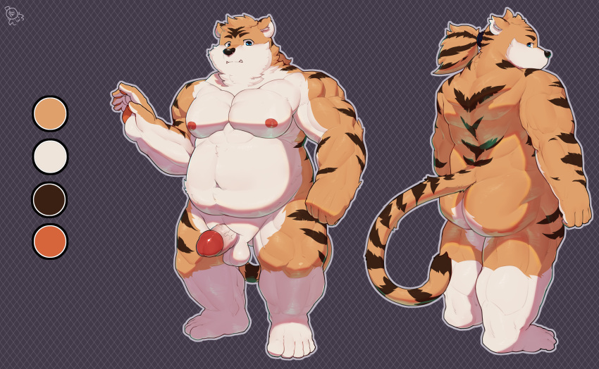 2020 absurd_res anthro balls belly butt felid fur genitals hi_res kemono male mammal moobs nipples orange_body orange_fur overweight overweight_male pantherine penis piero03432812 simple_background solo tiger white_body white_fur