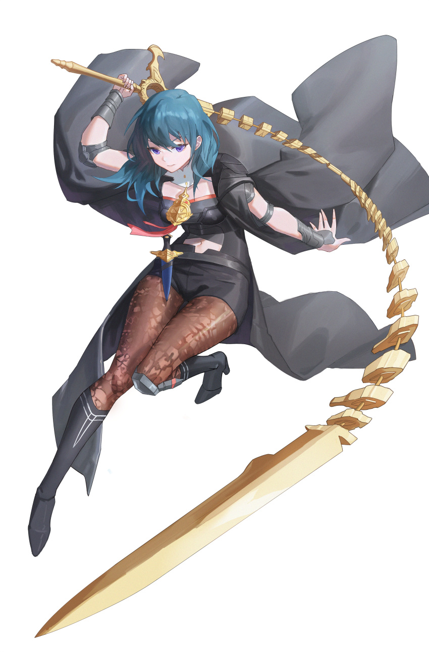 1girl absurdres arm_up armor bangs belt black_armor black_belt black_cape black_footwear black_shorts blue_eyes blue_hair boots breasts brown_legwear byleth_(fire_emblem) byleth_(fire_emblem)_(female) cape chinese_commentary closed_mouth commentary_request dagger detached_collar elbow_pads emblem eyebrows_behind_hair fire_emblem fire_emblem:_three_houses full_body gokuhaaa hair_between_eyes high_heel_boots high_heels highres holding holding_sword holding_weapon knee_boots large_breasts long_hair looking_at_viewer navel navel_cutout pantyhose patterned_clothing sheath sheathed short_shorts shorts sidelocks simple_background single_knee_pad smile solo sword sword_of_the_creator vambraces weapon whip_sword white_background