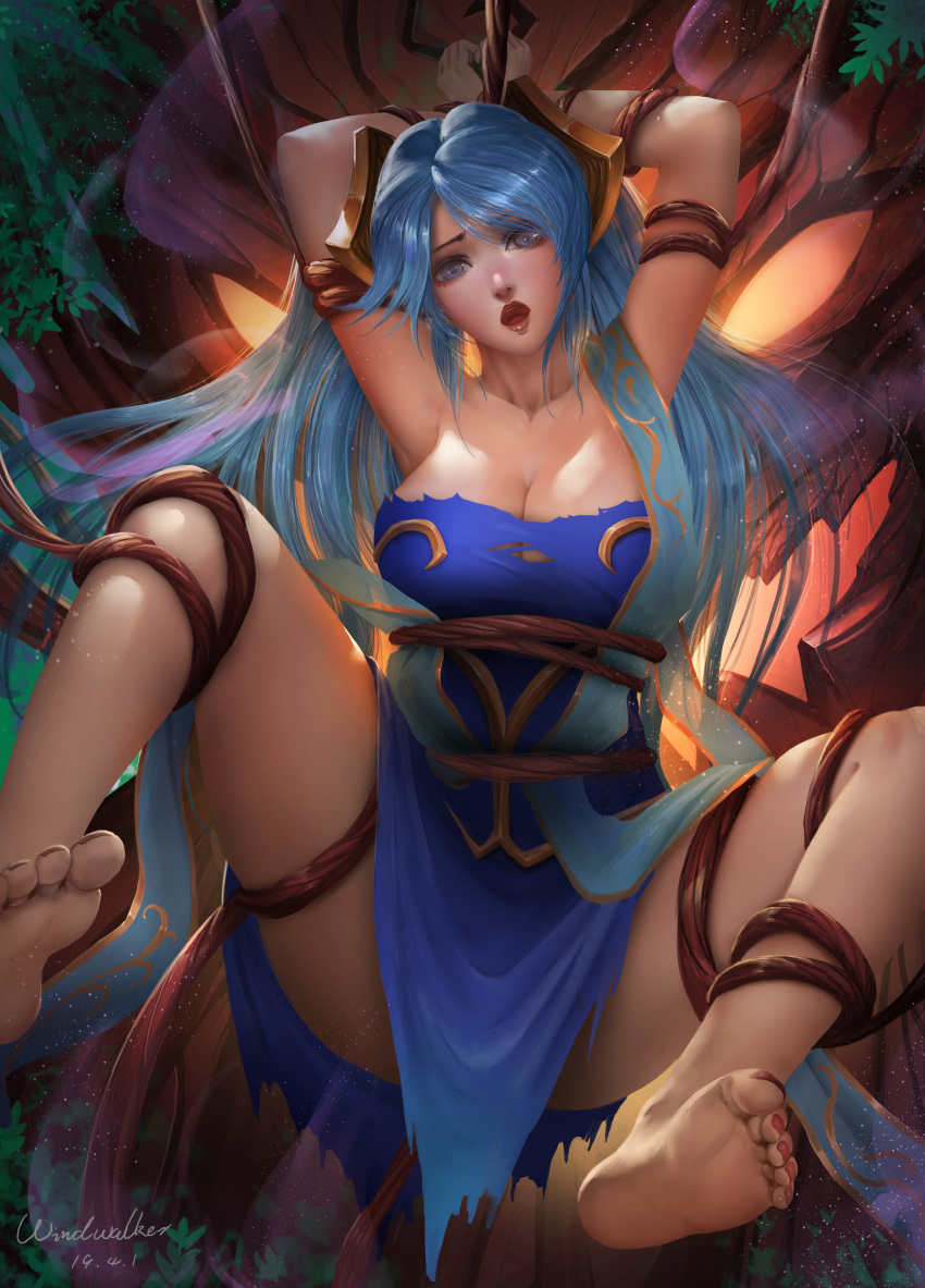 bondage cleavage dress feet kaze_no_gyouja league_of_legends no_bra sona_buvelle tentacles