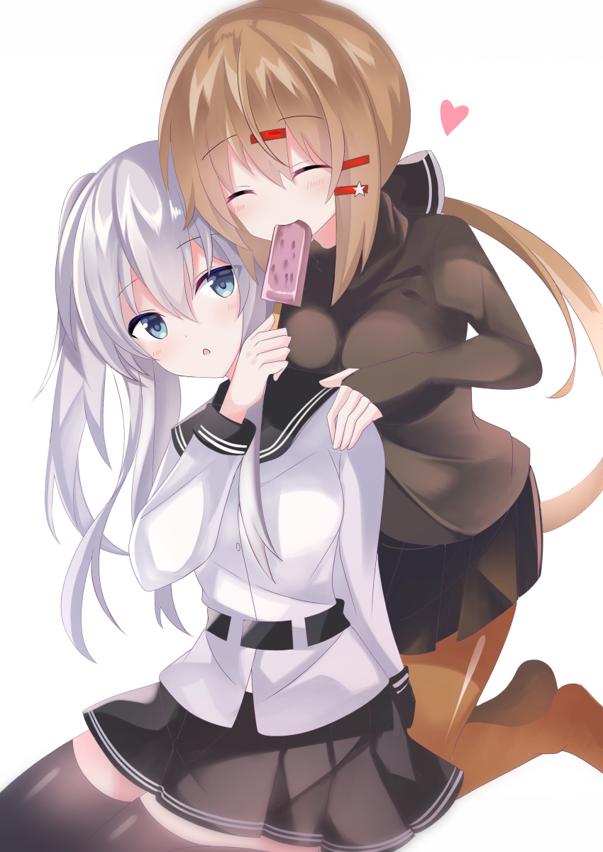 2girls absurdres black_bow black_legwear black_skirt blue_eyes bow brown_hair brown_legwear closed_eyes eyebrows_visible_through_hair fathom food food_in_mouth hair_bow hand_on_another's_shoulder heart hibiki_(kantai_collection) highres holding holding_food ice_cream kantai_collection kneeling long_hair long_sleeves looking_at_another low_twintails multiple_girls pantyhose pleated_skirt school_uniform serafuku silver_hair simple_background skirt tashkent_(kantai_collection) thighhighs twintails verniy_(kantai_collection) white_background