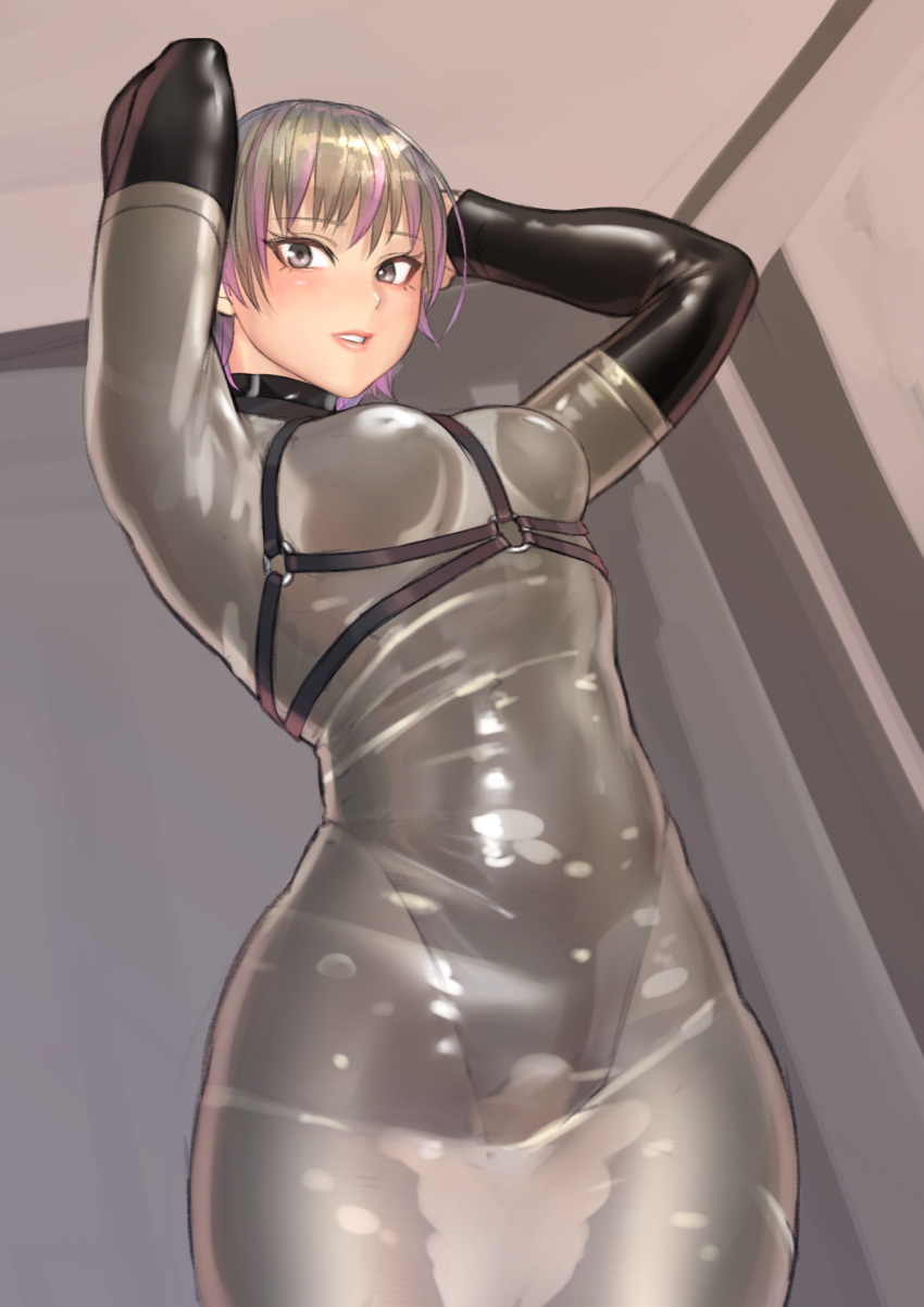 1girl blonde_hair blush bodysuit from_below grey_eyes hands_on_head harness highres kilye_4421 latex_bodysuit looking_at_viewer looking_down original parted_lips skin_tight wet