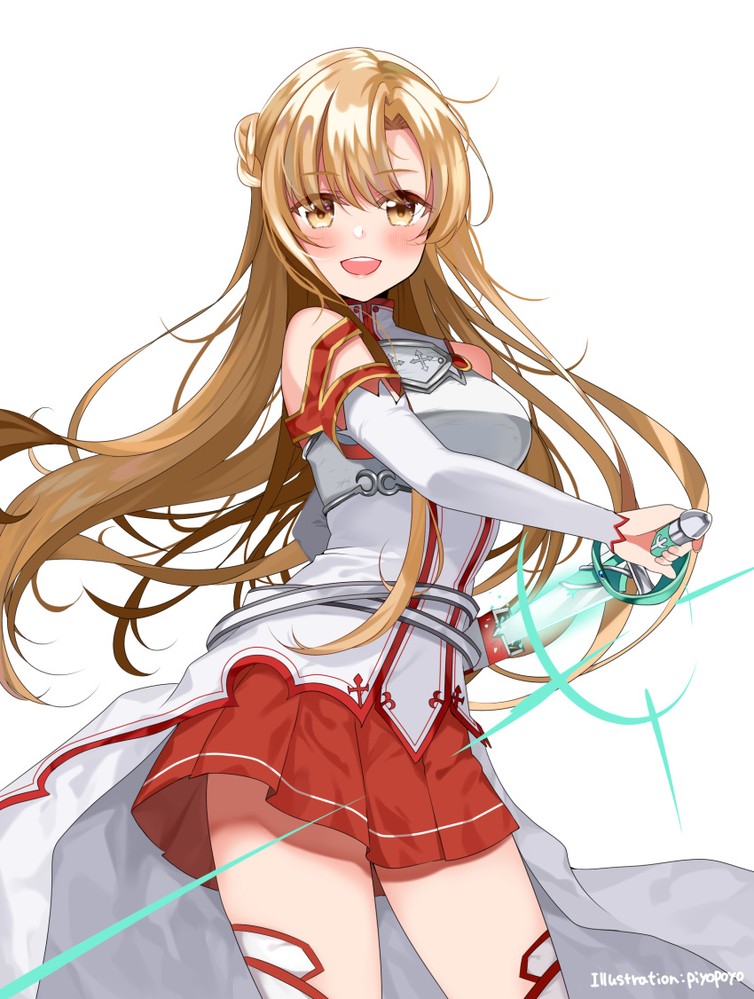 1girl :d asuna_(sao) bangs bare_shoulders blush braid breastplate breasts brown_eyes brown_hair commentary_request cowboy_shot detached_sleeves eyebrows_visible_through_hair floating_hair french_braid highres holding holding_sword holding_weapon long_hair long_sleeves looking_at_viewer medium_breasts miniskirt open_mouth piyopoyo pleated_skirt red_skirt sheath simple_background skirt smile solo sword sword_art_online thighhighs twitter_username very_long_hair weapon white_background white_legwear white_sleeves