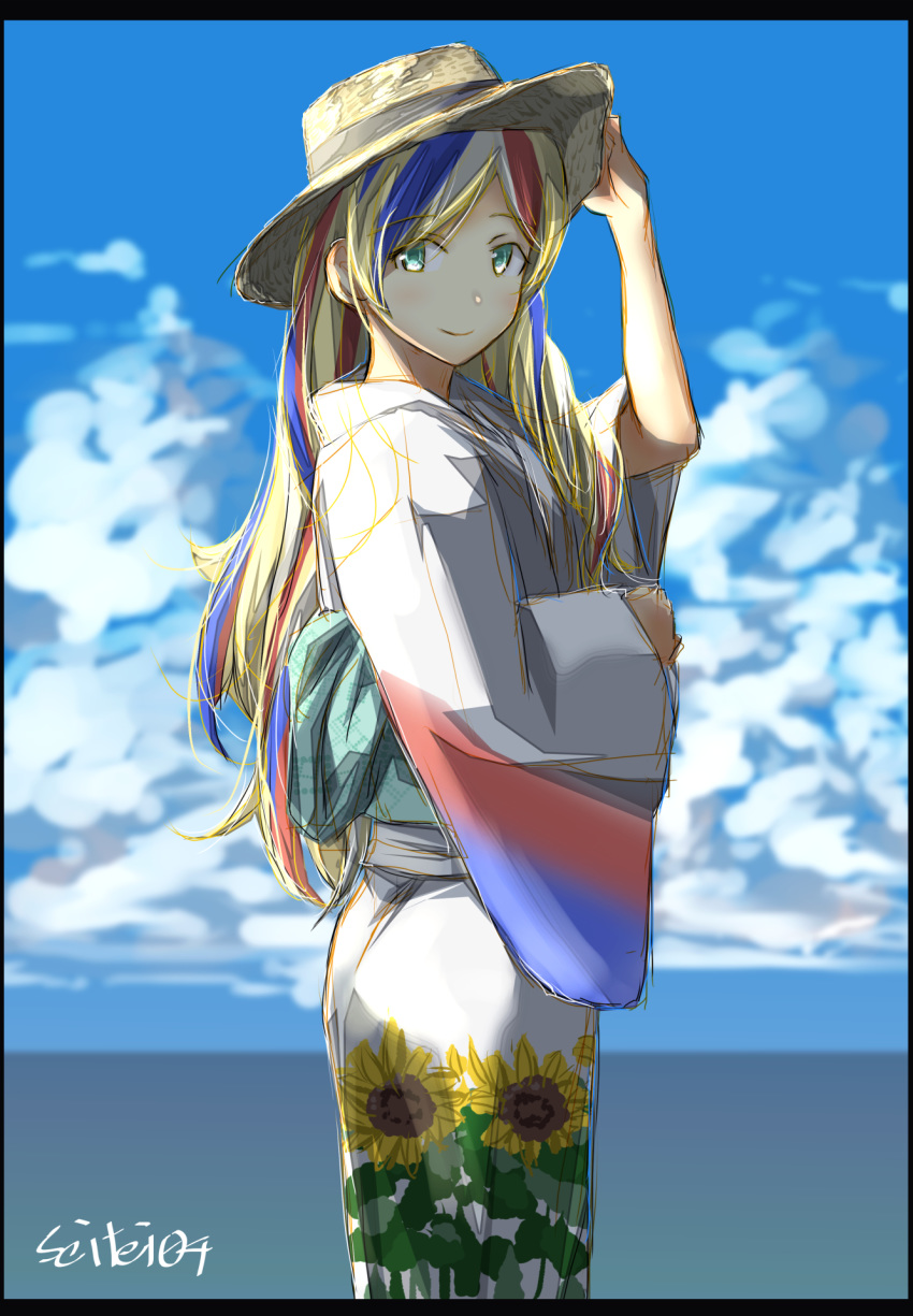 1girl blonde_hair blue_hair blue_sky cloud commandant_teste_(kantai_collection) commentary_request cowboy_shot day floral_print flower hat highres japanese_clothes kantai_collection kimono long_hair looking_at_viewer multicolored multicolored_clothes multicolored_hair outdoors red_hair seitei_(04seitei) sky solo streaked_hair sun_hat sunflower wavy_hair white_kimono yukata