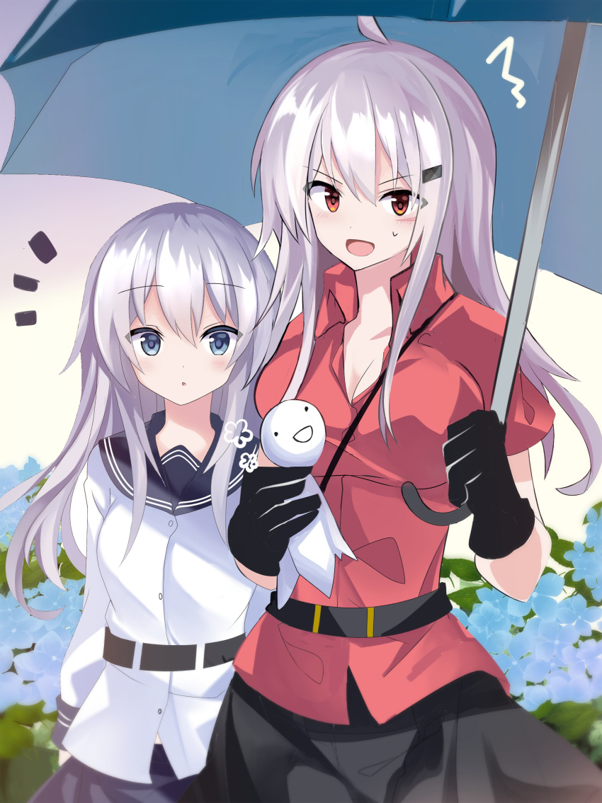 2girls :d absurdres ahoge black_gloves black_skirt blue_eyes breasts cleavage eyebrows_visible_through_hair fathom gangut_(kantai_collection) gloves hibiki_(kantai_collection) highres holding holding_umbrella kantai_collection large_breasts long_hair multiple_girls open_mouth orange_eyes red_shirt school_uniform serafuku shirt silver_hair skirt smile teruterubouzu umbrella verniy_(kantai_collection)