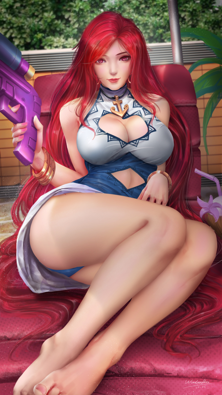 cleavage dress feet kaze_no_gyouja league_of_legends miss_fortune pantsu skirt_lift