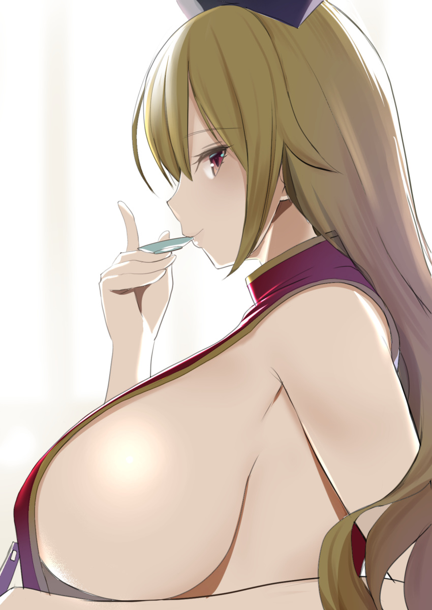 1girl amisu black_headwear blonde_hair breasts closed_mouth cup drinking from_side hat highres holding huge_breasts junko_(touhou) long_hair looking_at_viewer naked_tabard profile red_eyes sakazuki sideboob simple_background solo tabard touhou upper_body white_background