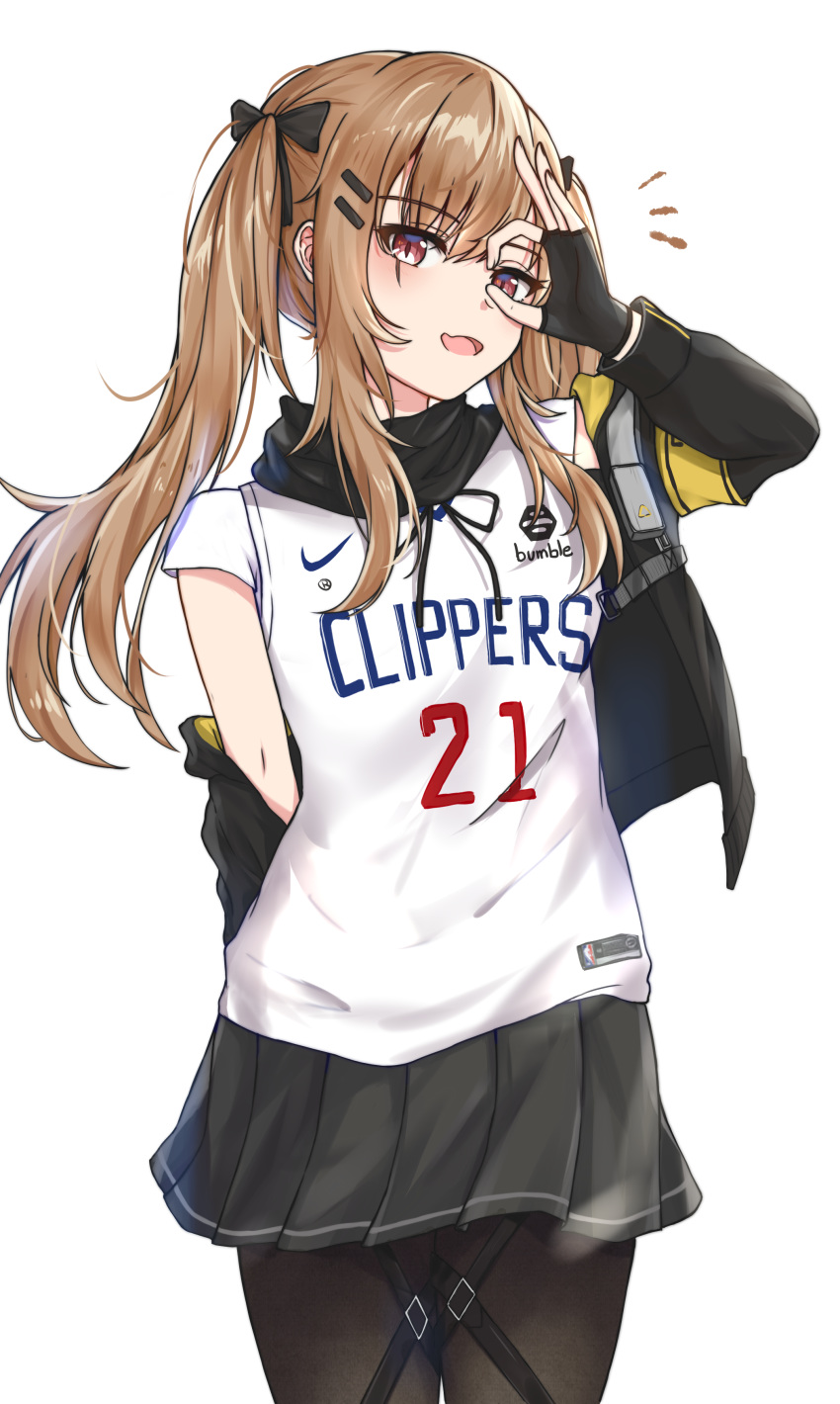 1girl absurdres armband basketball_jersey black_gloves black_legwear black_scarf black_skirt blush brown_eyes brown_hair commentary eyebrows_visible_through_hair fingerless_gloves girls_frontline gloves highres hood hooded_jacket jacket jacket_on_shoulders long_hair looking_at_viewer los_angeles_clippers mango_(mgo) national_basketball_association ok_sign open_mouth pantyhose scar scar_across_eye scarf skirt solo thigh_strap thighhighs twintails ump9_(girls_frontline) white_background