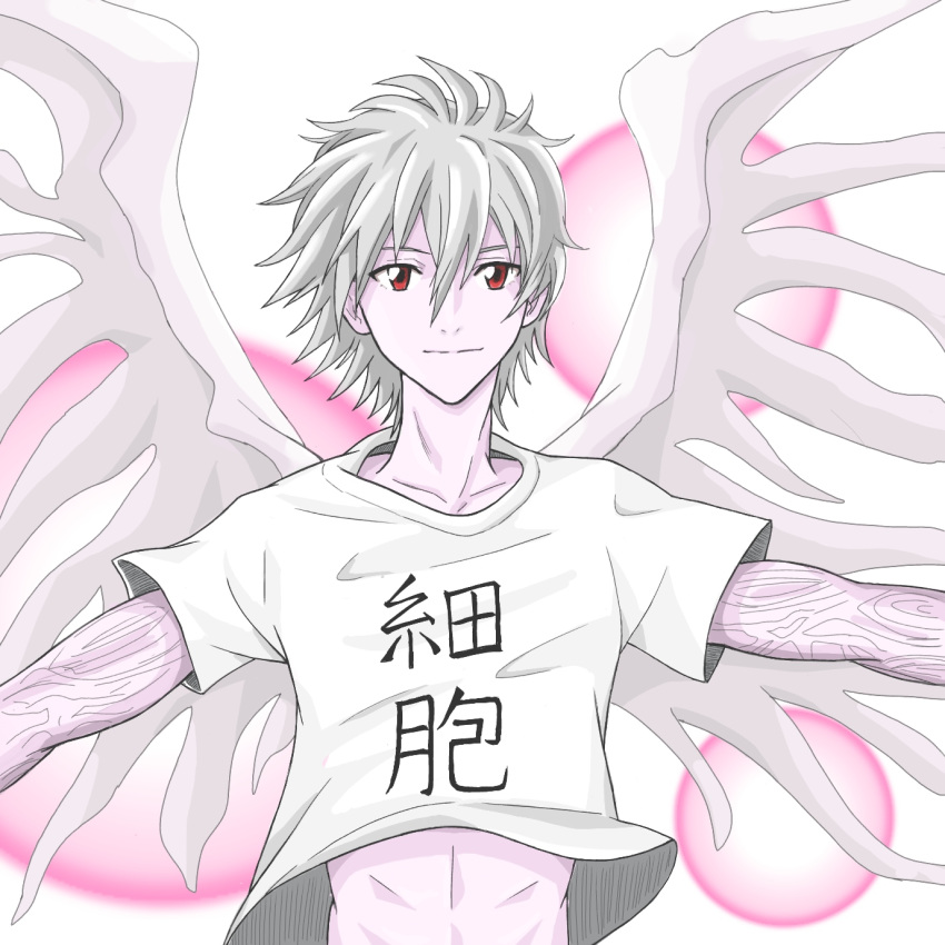 1boy anita_chu_311 cancer_cell_(hataraku_saibou) crossover grey_hair hataraku_saibou highres large_wings looking_at_viewer marker_(medium) midriff nagisa_kaworu neon_genesis_evangelion red_eyes shirt simple_background smile solo t-shirt traditional_media watercolor_(medium) wings