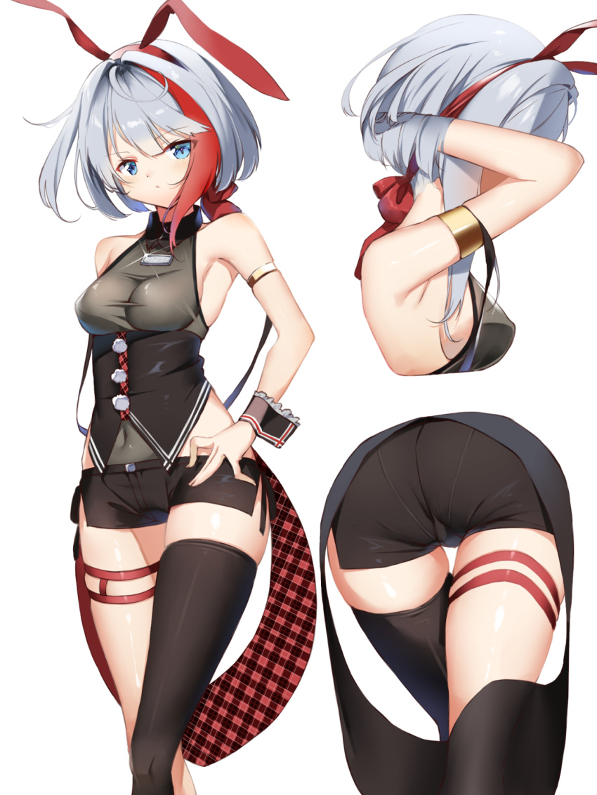 1girl admiral_graf_spee_(azur_lane) alternate_costume animal_ears armlet armpits asymmetrical_legwear azur_lane black_legwear black_shorts black_vest blue_eyes breasts bunny_ears commentary covered_navel fake_animal_ears hand_on_hip highres hino_kagutsuki looking_at_viewer medium_breasts multicolored_hair multiple_views red_hair short_hair short_shorts shorts silver_hair simple_background single_thighhigh solo standing streaked_hair thighhighs vest white_background wrist_cuffs