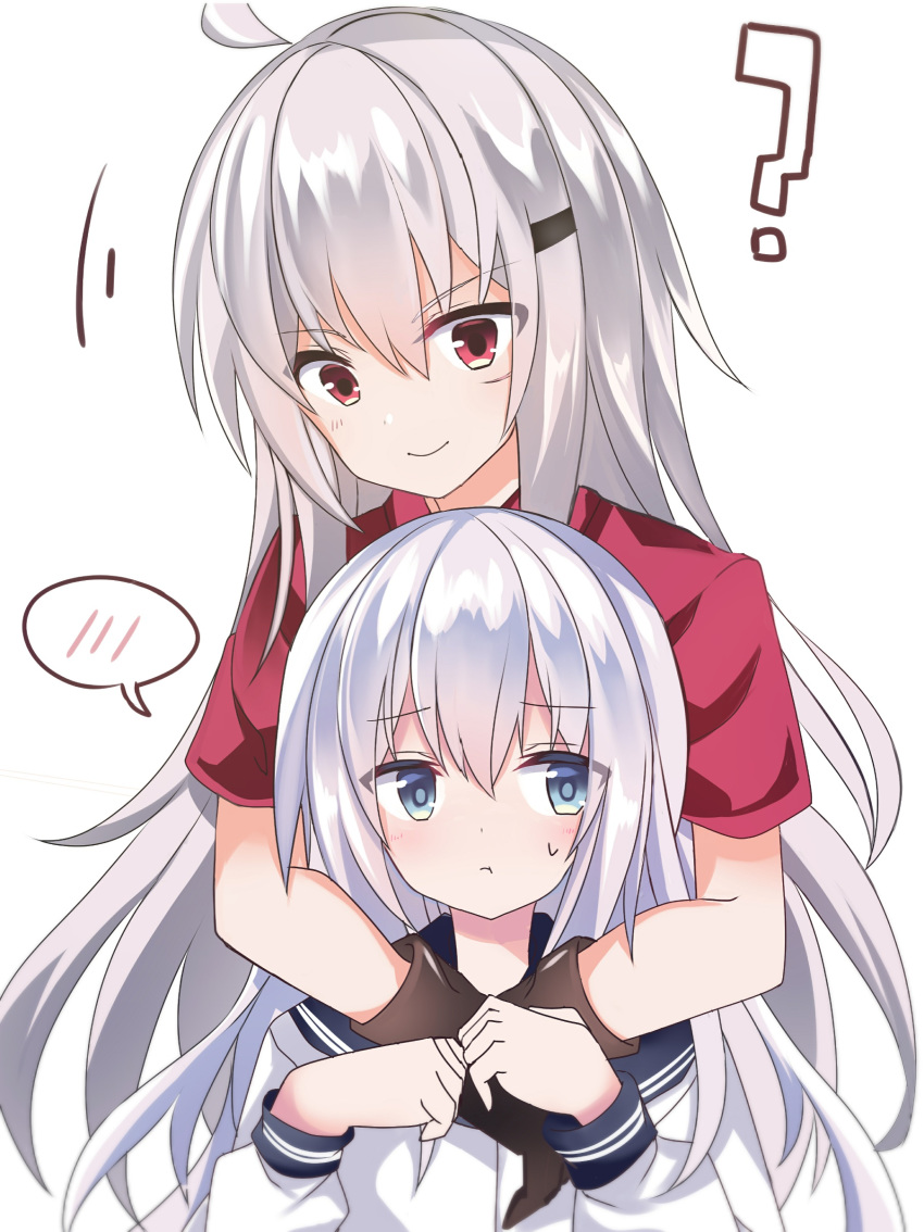 2girls ? absurdres ahoge black_sailor_collar blue_eyes brown_gloves cowboy_shot facial_scar fathom gangut_(kantai_collection) gloves grey_hair hibiki_(kantai_collection) highres hug hug_from_behind kantai_collection long_hair looking_to_the_side multiple_girls red_eyes red_shirt sailor_collar scar scar_on_cheek school_uniform serafuku shirt silver_hair simple_background spoken_blush upper_body verniy_(kantai_collection) white_background