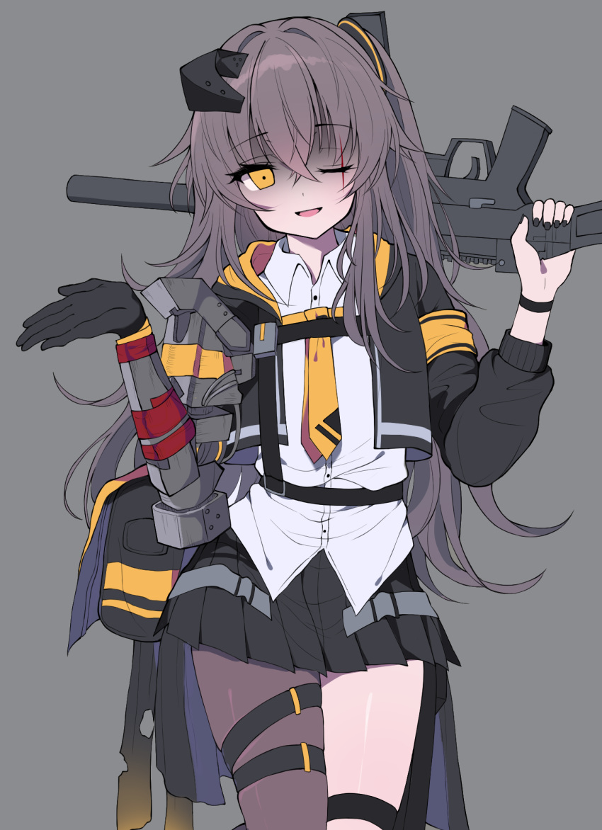 1girl baggy_pants black_gloves black_legwear black_skirt brown_eyes brown_hair clming eyebrows_visible_through_hair girls_frontline gloves grey_background gun h&amp;k_ump hair_ribbon highres long_hair looking_at_viewer necktie one_eye_closed open_mouth over_shoulder pants ribbon scar scar_across_eye shirt single_glove single_thighhigh skirt smirk solo strapless submachine_gun thigh_strap thighhighs ump45_(girls_frontline) weapon weapon_over_shoulder white_shirt