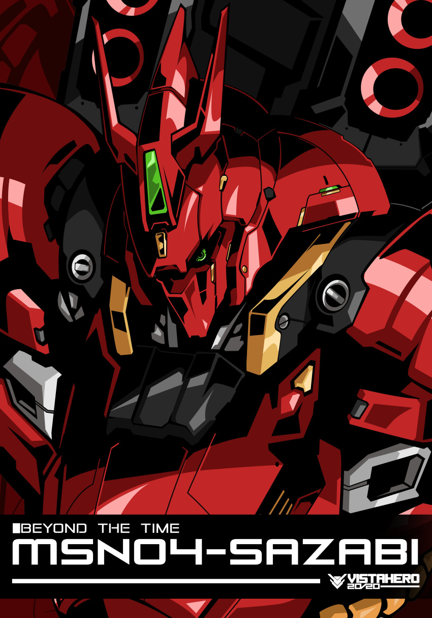absurdres artist_name char's_counterattack character_name close-up english_commentary green_eyes gundam highres looking_to_the_side looking_up mecha no_humans one-eyed sazabi song_name vistahero zeon