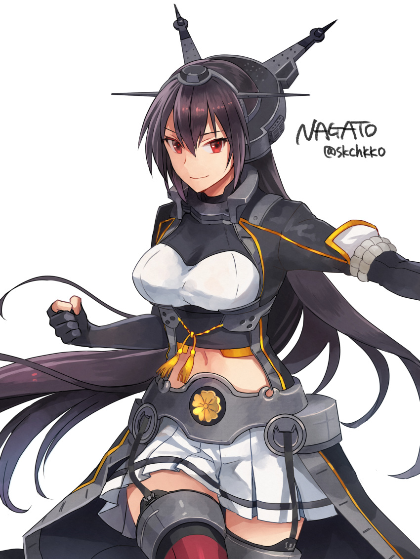 1girl black_coat black_gloves black_hair coat commentary_request cowboy_shot elbow_gloves gloves headgear highres kantai_collection kasumi_(skchkko) long_hair miniskirt nagato_(kantai_collection) navel official_style partly_fingerless_gloves pleated_skirt red_eyes red_legwear remodel_(kantai_collection) sakuramon simple_background skirt solo thighhighs very_long_hair white_background white_skirt