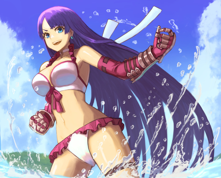 1girl bangs bare_shoulders bikini blue_eyes blue_sky breasts choker cleavage collarbone cross cross_choker earrings elbow_gloves fate/grand_order fate_(series) frilled_bikini frills gauntlets gloves janoukyo19 jewelry large_breasts long_hair looking_at_viewer navel ocean open_mouth purple_hair red_gloves saint_martha saint_martha_(swimsuit_ruler)_(fate) sky smile swimsuit thighs wading white_bikini