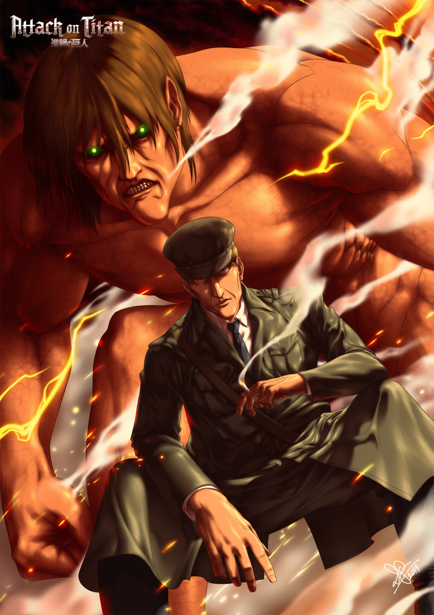 angry beyond9thousand black_hair brown_hair copyright_name eren_kruger green_eyes hat highres looking_at_viewer male_focus military military_uniform parted_lips red_eyes rogue_titan shingeki_no_kyojin short_hair signature solo titan uniform