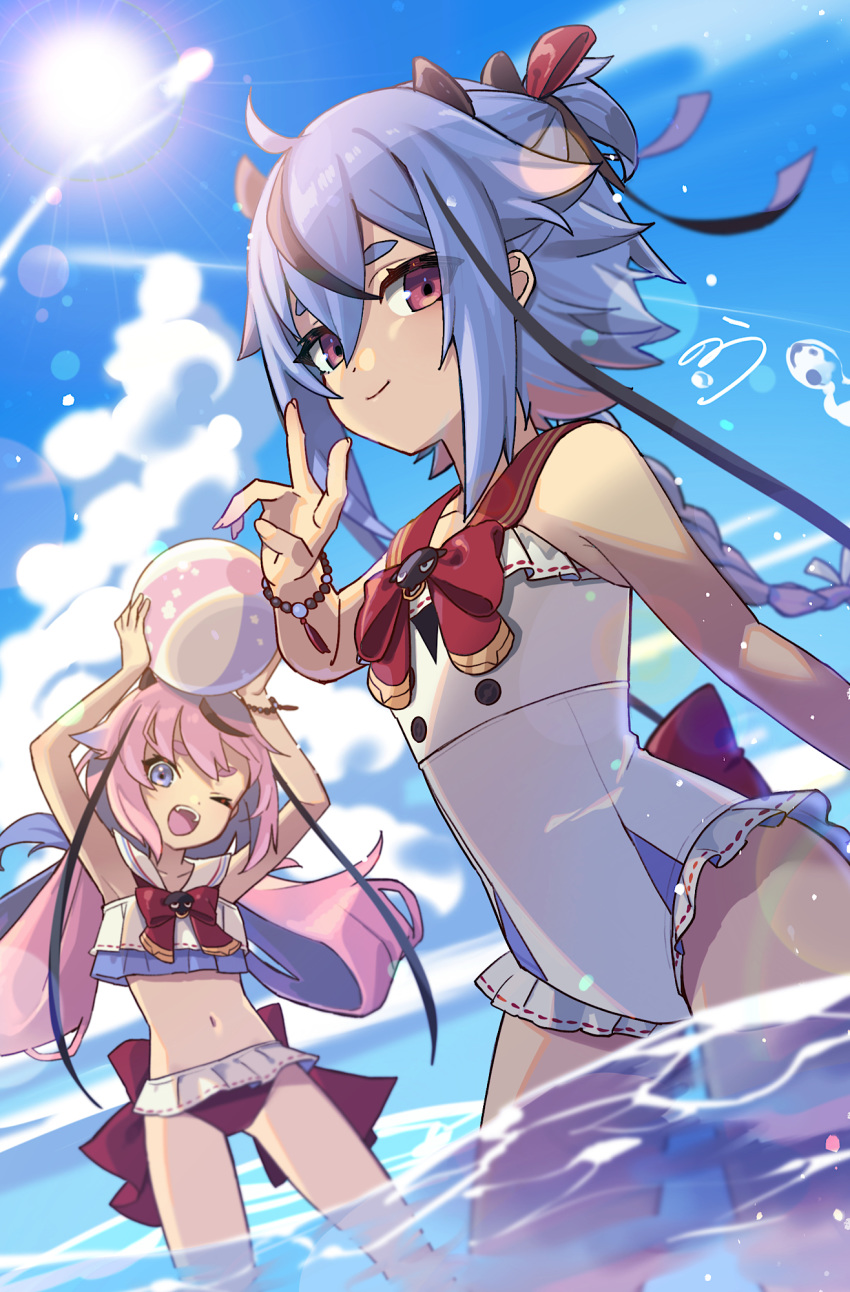 2others arms_up ball beachball blue_eyes blue_hair blue_sky bow bowtie braid cloud collar commentary cowboy_shot hair_ribbon hand_up highres holding_beachball lens_flare long_hair looking_at_viewer meika_hime meika_mikoto multiple_others navel nou ocean one_eye_closed open_mouth outdoors pink_eyes pink_hair red_collar ribbon sailor_collar signature sky smile sun swimsuit twintails v vocaloid wading white_swimsuit