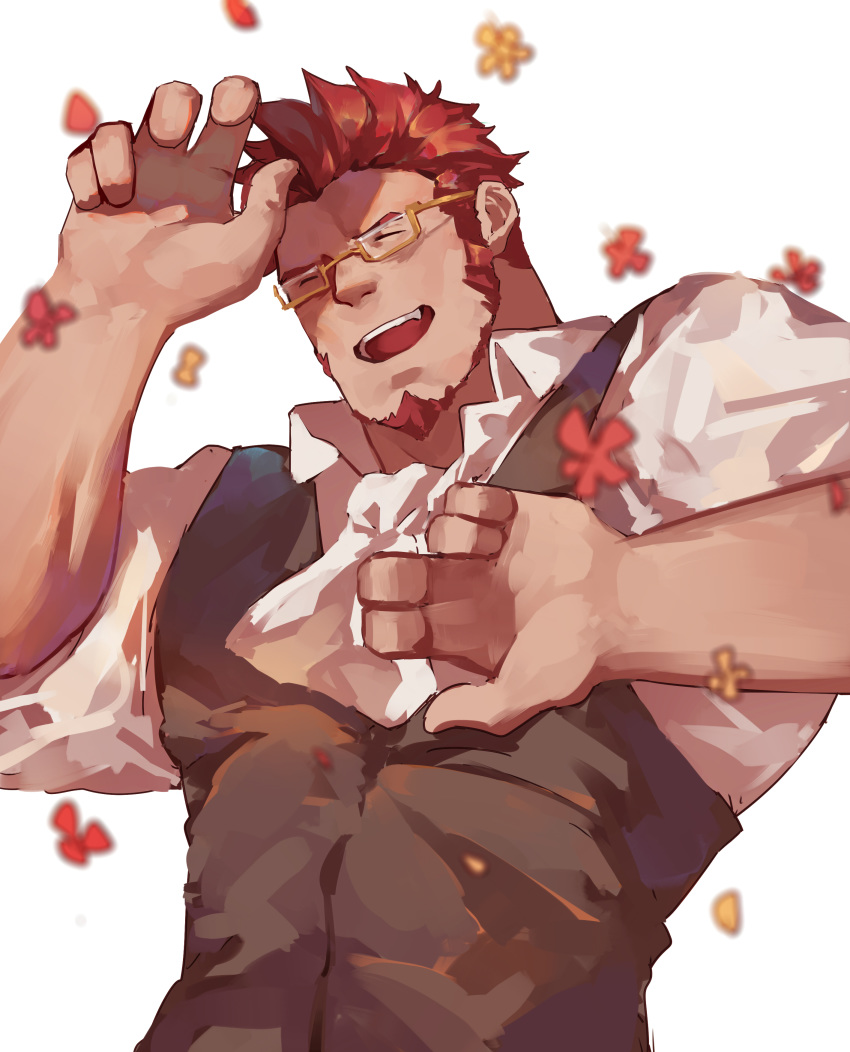 1boy absurdres alternate_costume ascot bara brown_hair closed_eyes collared_shirt facial_hair facing_another fate/grand_order fate_(series) glasses goatee guoguo hands_up highres iskandar_(fate) long_sideburns male_focus muscular muscular_male napoleon_bonaparte_(fate) official_alternate_costume petals shirt sideburns simple_background sketch sleeves_rolled_up smile solo upper_body vest