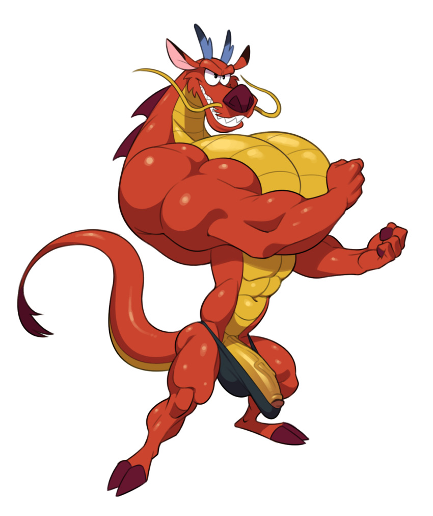 abs analon_(artist) anthro asian_mythology big_pecs clothing disney dragon east_asian_mythology eastern_dragon flexing genitals hi_res humanoid_genitalia humanoid_penis male mulan_(copyright) muscular muscular_male mushu mythology navel pecs penis simple_background solo speedo swimwear white_background yellow_penis