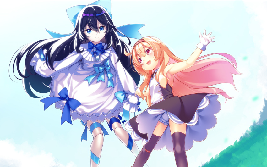 2girls arm_up armpits bandaid bandaid_on_knee black_dress black_hair black_legwear blonde_hair bloomers blue_eyes bow doll_joints dress gloves hairband holding_hands joints legs little_witch_nobeta long_hair multiple_girls nobeta open_mouth red_eyes ribbon sleeveless sleeveless_dress sleeves_past_wrists smile tania_(little_witch_nobeta) thighhighs thighs underwear usume_shirou white_dress white_gloves wind wind_lift