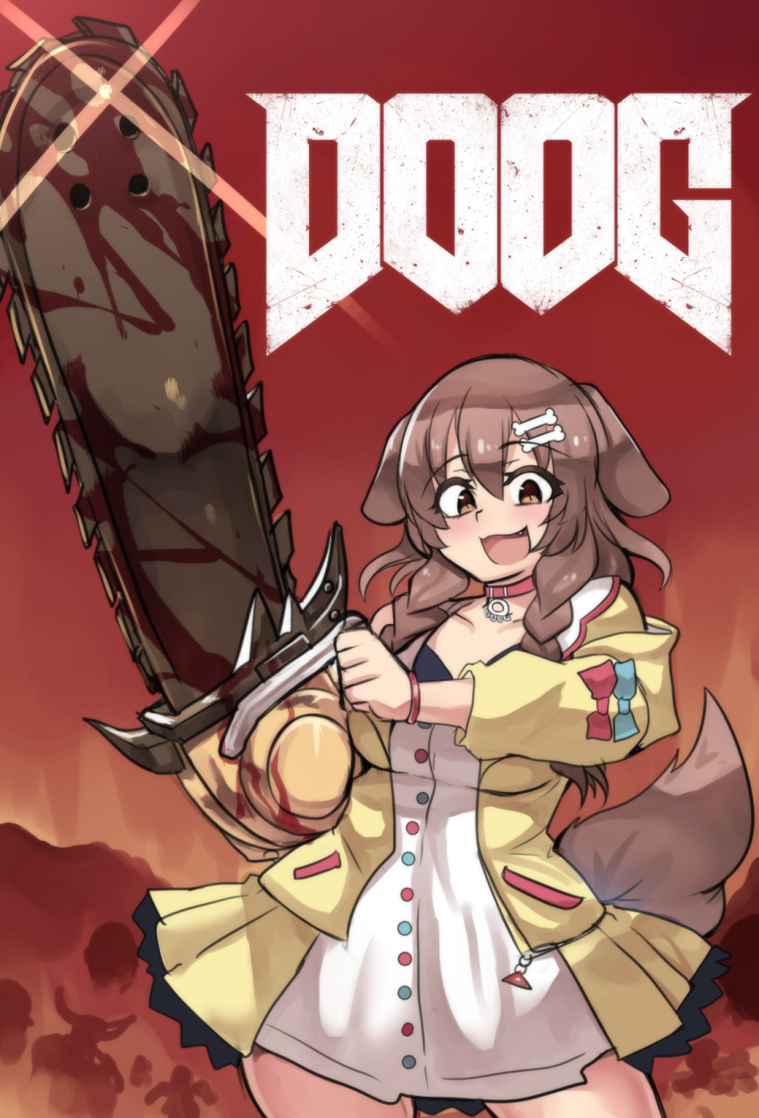1girl :3 :d animal_ears blood bloody_weapon bone_hair_ornament bracelet braid brand_name_imitation breasts brown_eyes brown_hair chainsaw choker collarbone collared_dress demon dog_ears dog_tail doom_(game) doom_eternal dress fang hair_between_eyes hair_ornament highres hinghoi holding holding_chainsaw holding_weapon hololive inugami_korone jacket jewelry long_sleeves medium_breasts open_mouth parody smile solo symbol_commentary tail virtual_youtuber weapon white_dress yellow_jacket