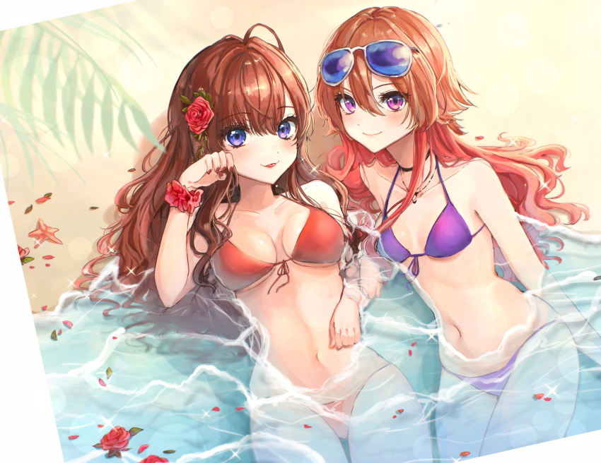 2girls :p ahoge bangs beach bikini blue_eyes blush breasts brown_hair cleavage closed_mouth collarbone day dimension-3_(idolmaster) eyebrows eyebrows_visible_through_hair eyewear_on_head flower front-tie_bikini front-tie_top hair_between_eyes hair_extensions hair_ornament highres ichinose_shiki idolmaster idolmaster_cinderella_girls idolmaster_cinderella_girls_starlight_stage jewelry kudou_(sikisiki0000) leaf long_hair looking_at_viewer medium_breasts multiple_girls nail_polish navel ninomiya_asuka open_mouth orange_hair outdoors palm_tree partially_submerged purple_bikini purple_eyes red_bikini rose sand shore small_breasts smile starfish sunglasses swept_bangs swimsuit tongue tongue_out tree water wavy_hair