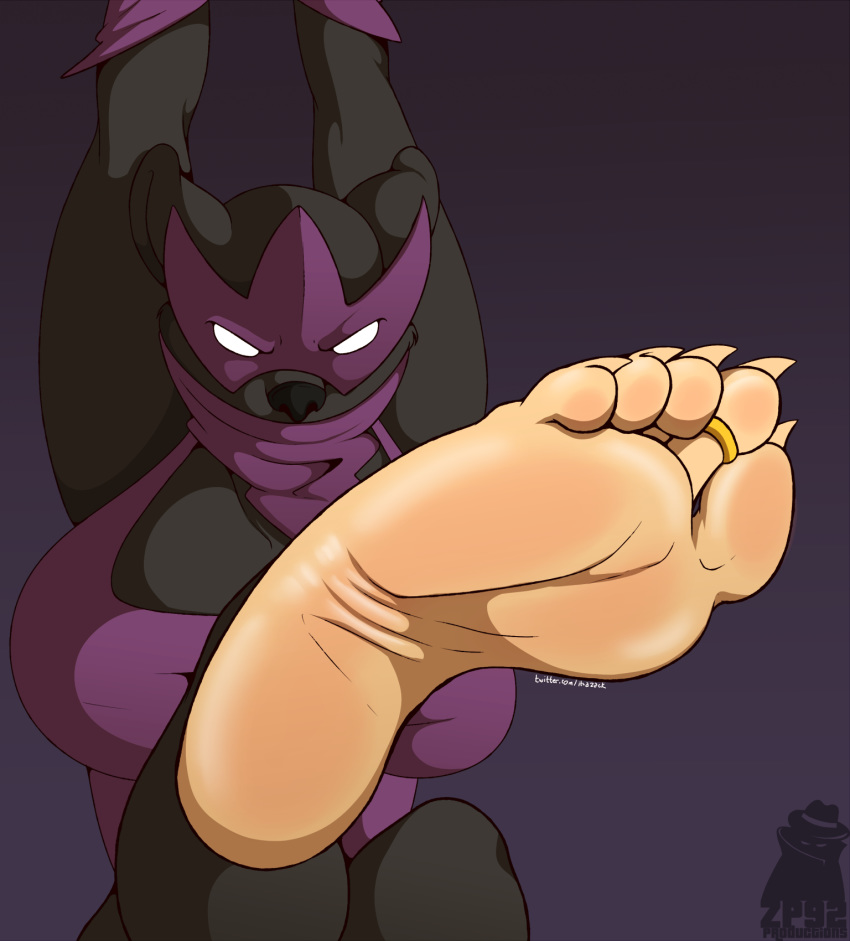 anthro claws clothing digit_ring felid female foot_focus gradient_background hi_res jewelry leotard looking_at_viewer mammal mask ms._rene&eacute;_l'noire pantherine ring simple_background solo toe_claws toe_ring zp92