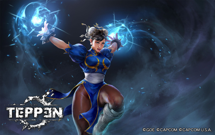 1girl black_hair bracelet bun_cover capcom chinese_clothes chun-li copyright copyright_name dark_background fighting_stance glowing highres jeremy_chong jewelry official_art open_mouth pantyhose solo spiked_bracelet spikes street_fighter teppen