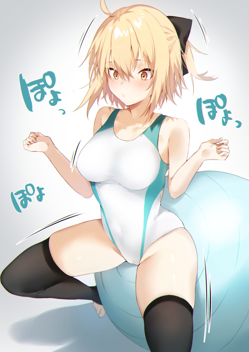 1girl :/ absurdres ahoge alternate_costume balancing ball bangs bare_arms bare_shoulders black_bow black_legwear blonde_hair bow breasts collarbone commentary competition_swimsuit concentrating covered_navel exercise_ball eyebrows_visible_through_hair fate/grand_order fate_(series) hair_between_eyes hair_bow half_updo highres iriehana koha-ace medium_breasts navel okita_souji_(fate) okita_souji_(fate)_(all) one-piece_swimsuit short_hair sidelocks simple_background solo stirrup_legwear swimsuit thighhighs thighs toeless_legwear white_swimsuit yellow_eyes
