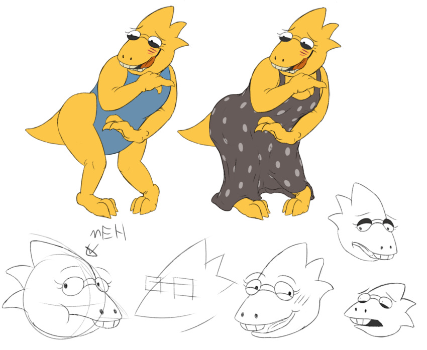 alphys anthro barefoot blush breasts buckteeth claws clothed clothing dragondenton dress eyewear female frown glasses half-closed_eyes narrowed_eyes non-mammal_breasts one-piece_swimsuit open_frown open_mouth open_smile pigeon_toed polka_dots reptile scales scalie simple_background smile solo swimwear teeth thick_tail thigh_gap undertale video_games wavy_mouth wide_hips yellow_body yellow_scales