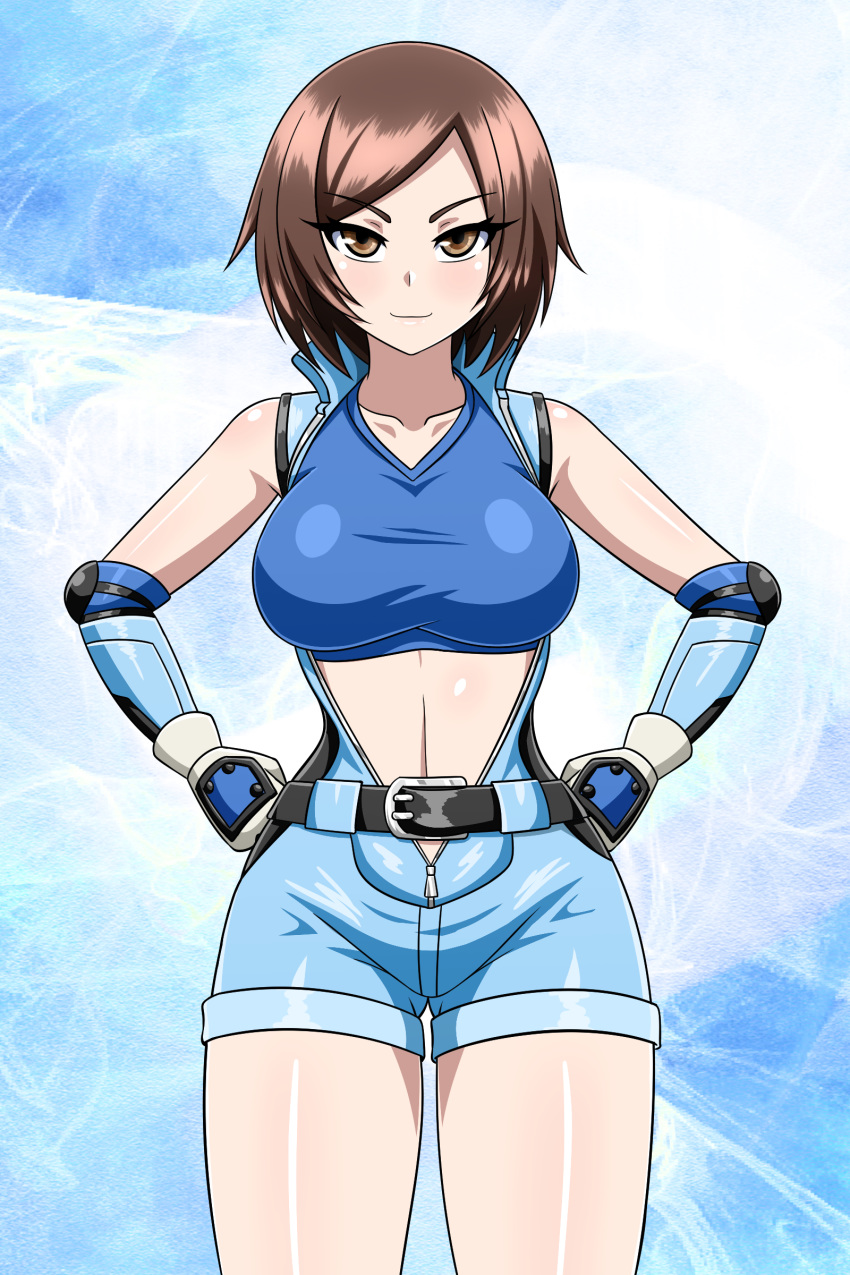 absurdres ass_visible_through_thighs belt belt_buckle breasts brown_eyes brown_hair buckle elbow_pads gloves hands_on_hips highres jumpsuit kazama_asuka large_breasts short_hair smile sportswear tekken thighs yensh zipper zipper_pull_tab