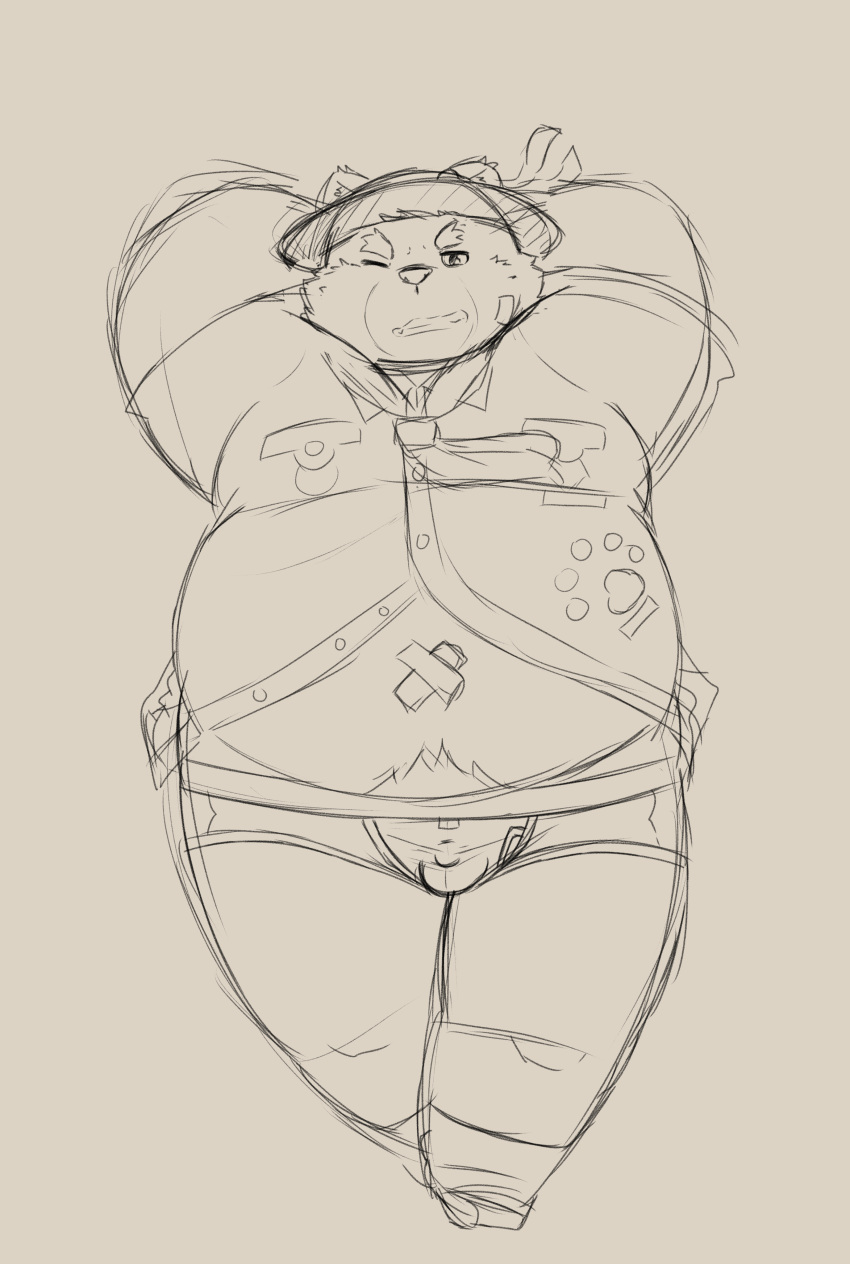 2020 96panda 96panda_hk absurd_res anthro belly bulge clothing hat headgear headwear hi_res kemono male mammal one_eye_closed overweight overweight_anthro overweight_male pubes shirt simple_background solo tokyo_afterschool_summoners topwear underwear ursid valiant_ciramantep video_games wink