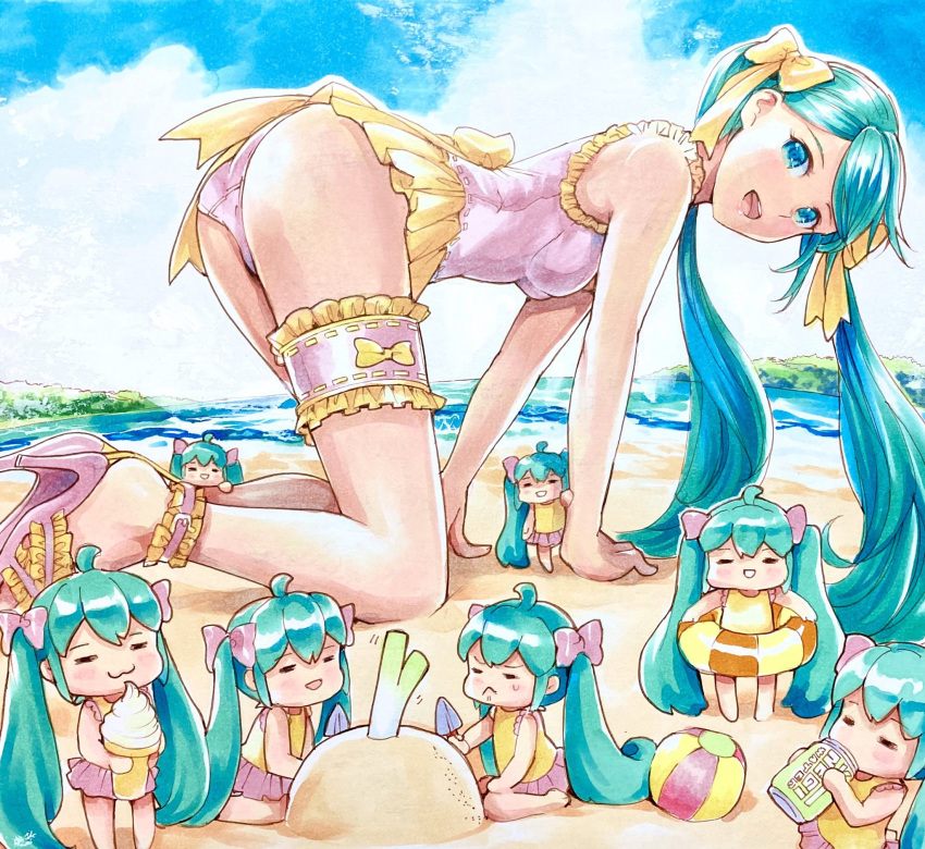 6+girls :&lt; :3 :d =_= all_fours anklet beach bikini can clone commentary drinking frilled_legwear hair_ribbon hatsune_miku high_heels highres holding holding_can ice_cream_cone innertube jewelry long_hair looking_at_viewer mayo_riyo minigirl multiple_girls open_mouth outdoors pink_ribbon ribbon shovel skirt smile spring_onion swimsuit thigh_strap twintails very_long_hair vocaloid yellow_ribbon yellow_skirt