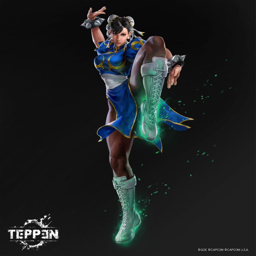 1girl absurdres black_hair boots bracelet bun_cover capcom chinese_clothes chun-li copyright copyright_name cross-laced_footwear fighting_stance glowing highres jeremy_chong jewelry muscle muscular_female official_art pantyhose solo spiked_bracelet spikes street_fighter teppen thick_thighs thighs white_footwear