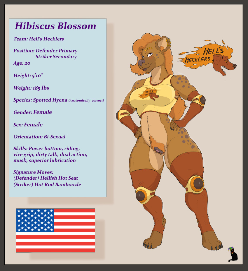 absurd_res anatomically_correct anthro border breasts ear_piercing elbow_pads english_text facial_piercing female genitals hair hi_res hyaenid jester_laughie knee_pads mammal model_sheet orange_border piercing pubes pussy solo sportswear spotted_hyena text ultimate_mating_league
