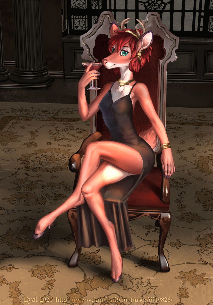 anthro antlers beverage bracelet cervid clothing cloven_hooves crossed_legs detailed_background devin_(shadeba) di19826 dress elegant eyal female fingers green_eyes hair hi_res hooved_fingers hooves horn inside jewelry little_black_dress mammal martini_glass necklace red_hair slim solo