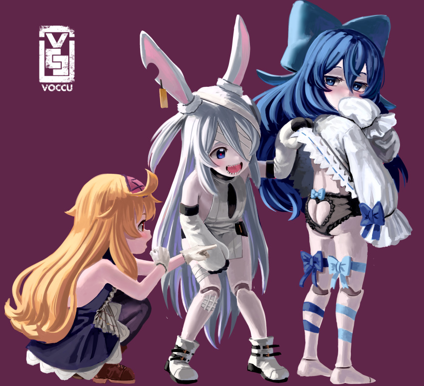 3girls animal_ears arm_up artist_name ass ass_cutout bandage_over_one_eye bandaged_leg bandages bare_shoulders barefoot bike_shorts black_dress black_legwear black_panties black_shorts blonde_hair blue_eyes blue_hair blush boots bow brown_footwear bunny_ears butt_crack covering_mouth doll_joints dress dress_lift ear_tag elbow_gloves frilled_panties frills full_body gloves hairband heart_cutout highres joints leaning_forward leg_ribbon legs lifted_by_another little_witch_nobeta long_hair monica_(little_witch_nobeta) multiple_girls nobeta open_mouth panties pointing purple_background red_eyes ribbon sharp_teeth short_dress short_shorts shorts silver_hair simple_background sleeves_past_wrists smile squatting strapless strapless_dress tabard tania_(little_witch_nobeta) teeth thigh_ribbon thighhighs thighs two_side_up underwear voccu watermark white_dress white_footwear white_gloves white_tabard