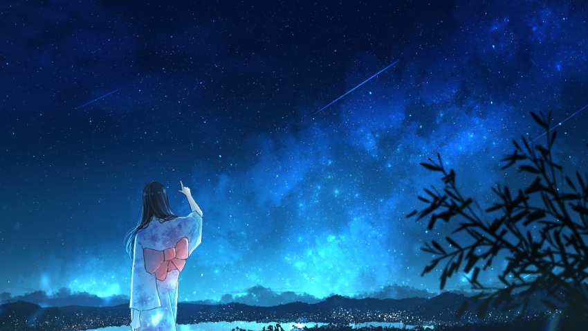 1girl amenomori_howa bamboo bamboo_shoot black_hair city city_lights cloud commentary_request from_behind highres hill japanese_clothes kimono lake landscape meteor meteor_shower milky_way night night_sky obi original pointing print_kimono sash sky solo star_(sky) starry_sky tanabata yukata