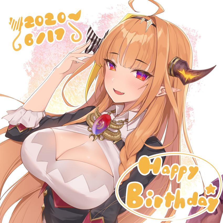 1girl 2020 ahoge blonde_hair blush bow breasts cleavage commentary_request dated dragon_girl dragon_horns dragon_tail english_text eyebrows_visible_through_hair fang hairband happy_birthday highres hololive horn_bow horns jewelry kiryuu_coco large_breasts long_hair looking_at_viewer necklace open_mouth orange_hair pointy_ears red_eyes simple_background skin_fang solo star_(symbol) striped striped_bow tail tongue upper_body white_background yaman