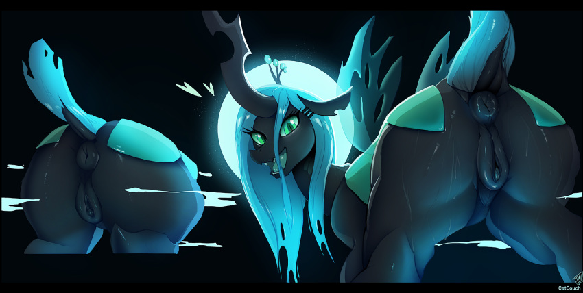 &lt;3 anus arthropod blush butt catcouch changeling female feral friendship_is_magic genitals green_eyes hasbro hi_res looking_at_viewer looking_back my_little_pony nude open_mouth pussy queen_chrysalis_(mlp) solo