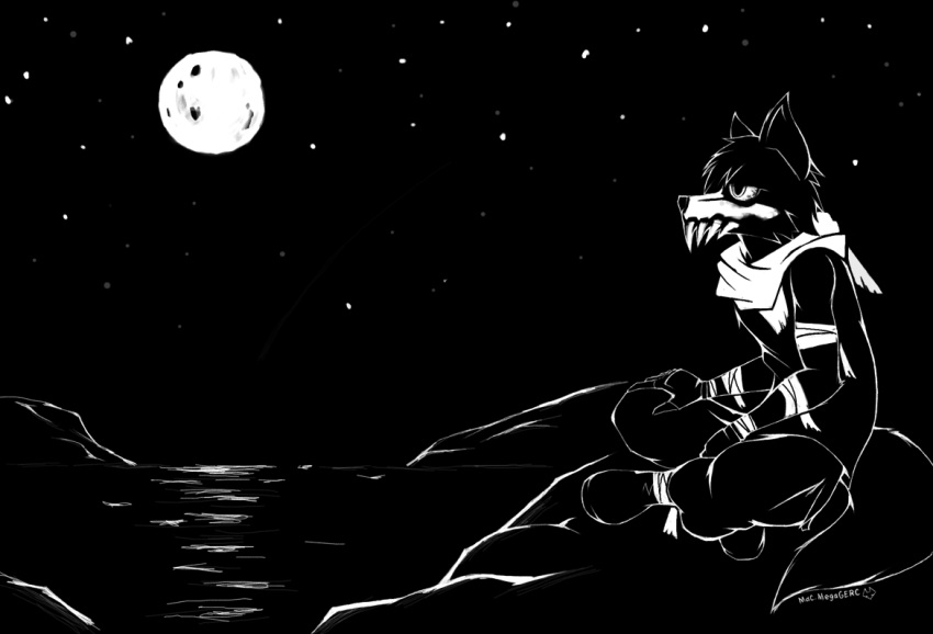 anthro arm_wraps black_and_white black_body black_fur canid canine crossed_legs fangs fox fur hand_wraps mac_(macmegagerc) macmegagerc male mammal monochrome moon scarf sea simple_background sitting sky solo star starry_sky water wraps