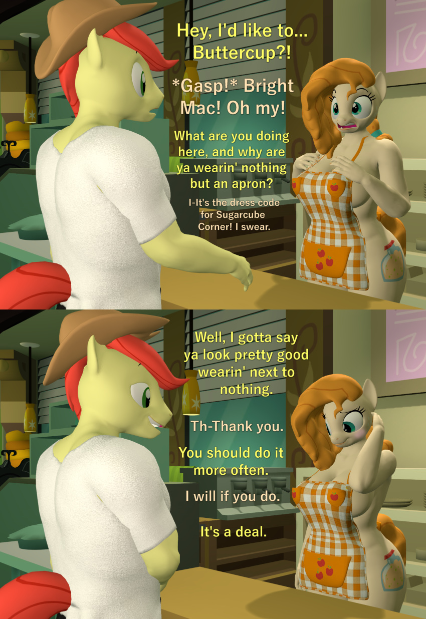 3d_(artwork) anthro anthrofied apron apron_only big_breasts blush breasts bright_mac_(mlp) cleavage clothed clothing dialogue digital_media_(artwork) duo english_text equid equine female friendship_is_magic hasbro hat headgear headwear hi_res male mammal mostly_nude my_little_pony papadragon69 pear_butter_(mlp) text