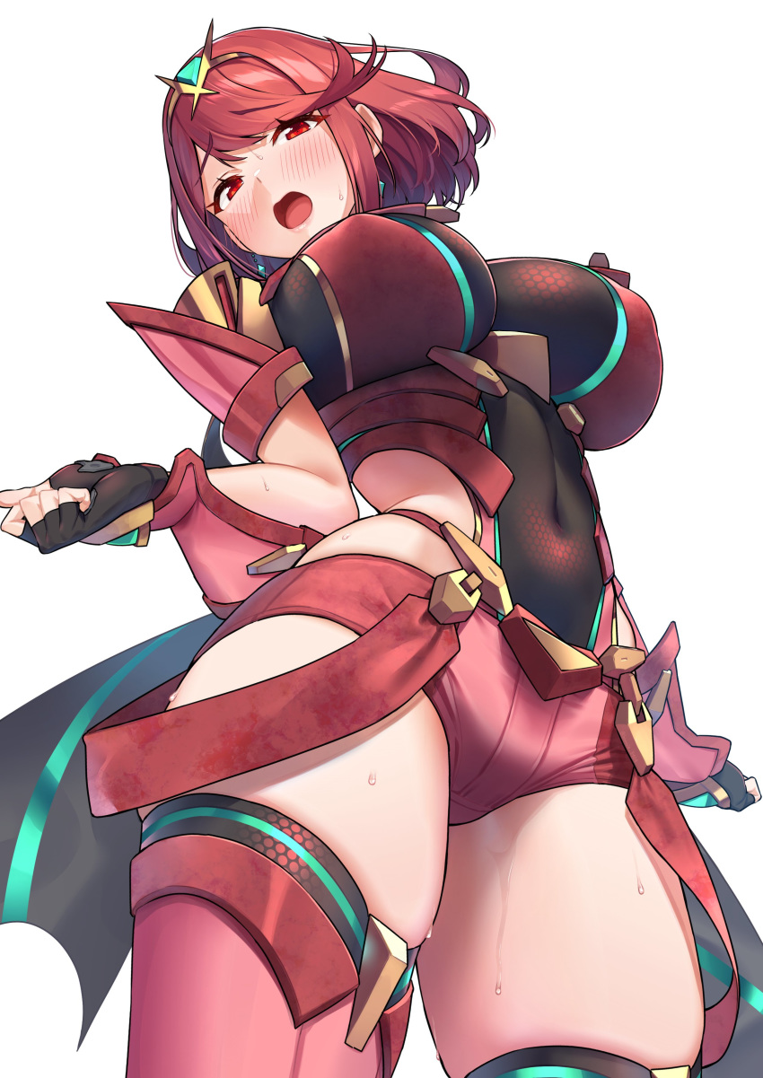 1girl absurdres baffu blush bracer breasts commentary_request covered_navel covered_nipples feet_out_of_frame fingerless_gloves gloves highres homura_(xenoblade_2) large_breasts open_mouth red_eyes red_hair short_hair short_shorts shorts shoulder_armor solo sweat thighhighs thighs tiara white_background xenoblade_(series) xenoblade_2