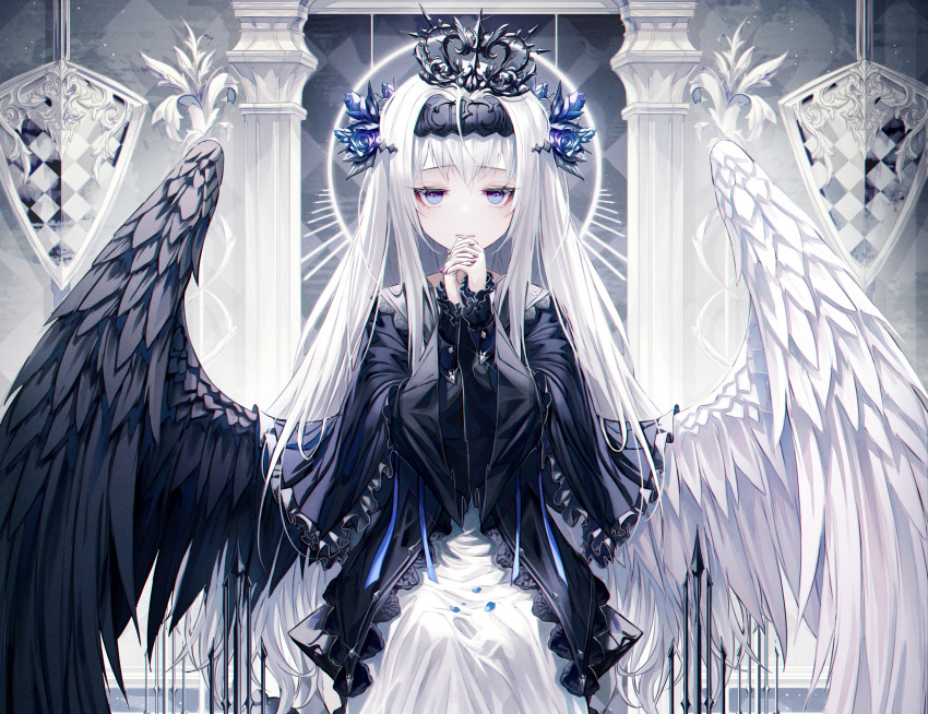 aqua_eyes cropped goth-loli lolita_fashion long_hair okazu_(eightstudio) original white_hair wings