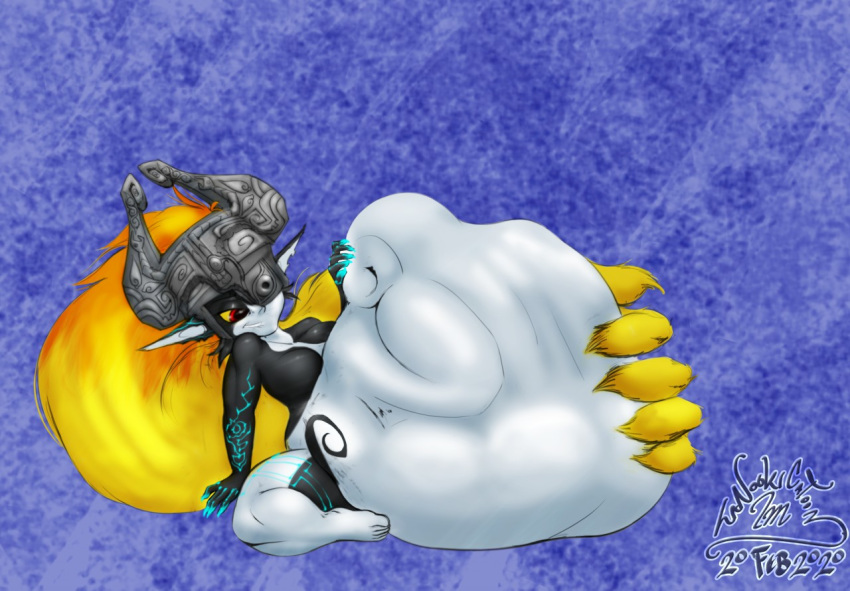 2020 abdominal_bulge after_vore belly big_belly blue_background breasts conditional_dnp duo female hair hand_on_stomach headgear humanoid humanoid_pointy_ears imp midna nintendo orange_hair overweight red_eyes same_size_vore simple_background sitting tanookicatoon the_legend_of_zelda twili twilight_princess video_games vore white_belly yellow_sclera